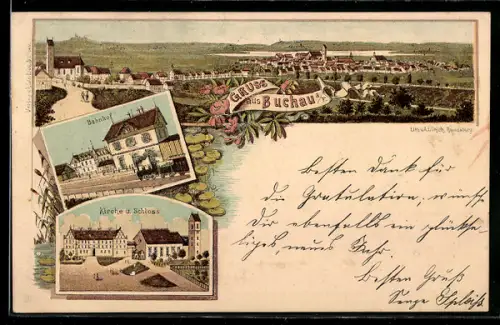 Lithographie Buchau a. F., Totalansicht, Bahnhof und Kirche mit Schloss