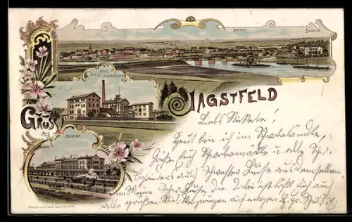 Lithographie Jagstfeld, Altes Stein-Salzbergwerk, Bahnhof