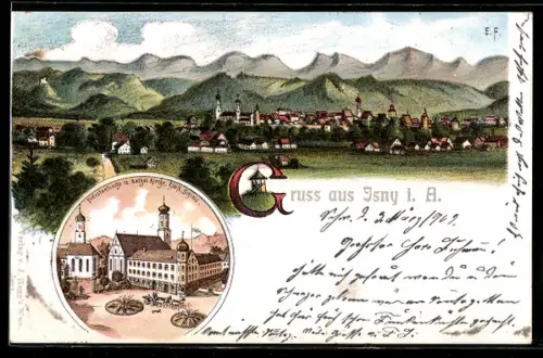 Lithographie Isny i. A., Totalansicht und Protenstantische und Katholische Kirche und Schloss