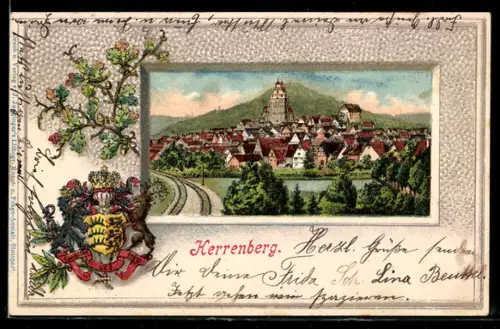 Passepartout-Lithographie Herrenberg, Ortspanorama, Wappen
