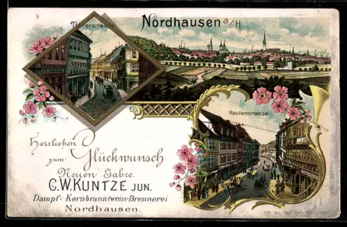 Lithographie Nordhausen a. H., Totalansicht, Partie in der Töpferstrasse und der Rautenstrasse