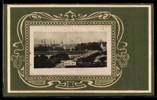 AK Forst /N.L., Totalansicht mit Brücke, Passepartout im Jugendstil