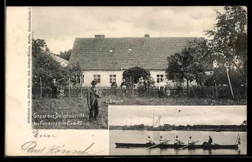 AK Dolgenbrodt bei Friedersdorf, Wohnhaus in der Aussenansicht und Menschen auf einem Ruderboot