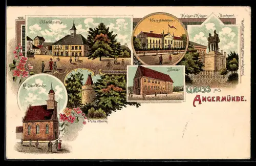Lithographie Angermünde, Partie am Marktplatz, Kreisständehaus und Kaiserdenkmal