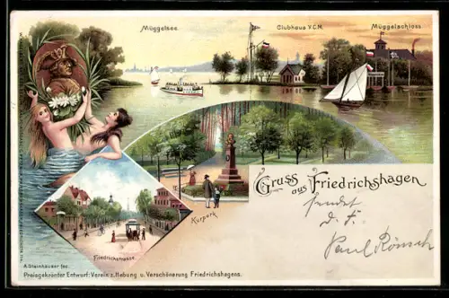 Lithographie Berlin-Friedrichshagen, Müggelsee mit Dampfer, Friedrichstrasse, Kurpark