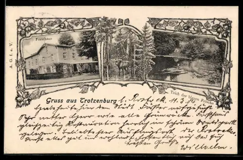 AK Trotzenburg, Forsthaus und Partie am Teich der blauen Frösche