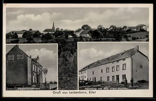 AK Leidenborn /Eifel, Totalansicht, Bürgermeisteramt und Geschäft von Nikl. Klein-Munkler