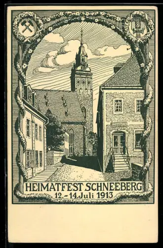 AK Schneeberg, Volksfest und Heimatfest 1913, Partie an der Kirche, Festpostkarte