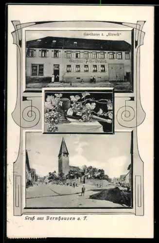 AK Bernhausen a. F., Gasthaus zum Hirsch Brodbeck, Ortspartie mit Turm, Wein-Stilleben, Ornamente