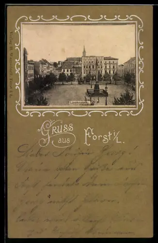 AK Forst i. L., Partie am Lindenplatz mit Denkmal