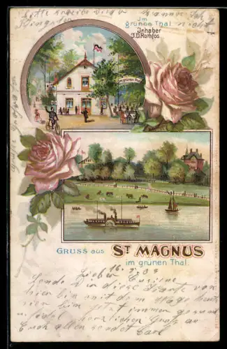 Lithographie St. Magnus, Restaurant Im grünen Thal mit Gartenlokal und Gästen, Raddampfer, Kühe auf der Weide um 1900