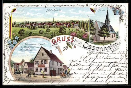 Lithographie Ossenheim /Wetterau, Gasthof und Metzgerei von Adam Thomas, Kirche, Totalansicht vom Ort