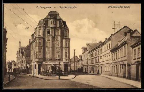 AK Weissenfels, Wohngebäude an der Ecke Grünegasse und Beudnitzstrasse, Delikatessen-Geschäft