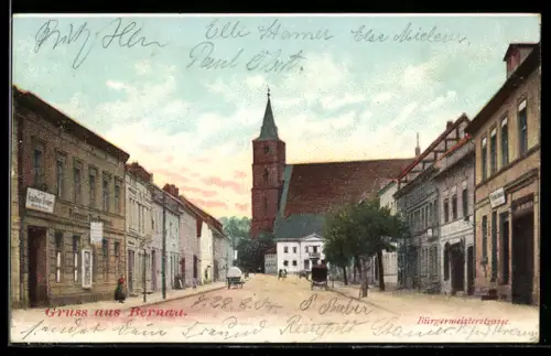 AK Bernau, Strassenpartie mit Geschäften und Kirche