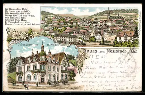 Lithographie Neustadt i. Schw., Hotel Neustädter Hof von B. Pfeiffer, Totalansicht der Stadt