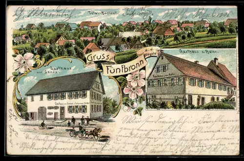 Lithographie Fünfbronn /Nagold, Gasthaus zum Adler, Gasthaus zur Sonne, Totalansicht vom Ort