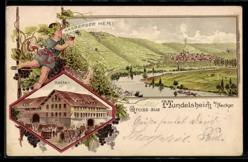 Lithographie Mundelsheim /Neckar, Wein-Kelter, Panoramablick auf Ort und Weinberge