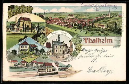 Lithographie Thalheim, Bahnhof, Oberes Schloss, Unteres Schloss, Rathaus, Totalansicht vom Ort