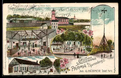 Lithographie Parma /Senftenberg, Gasthof Schützenhaus, Inh. G. Hübner, Vogelstange