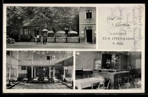 AK Genthin, Gasthof zur Eisenbahn, Inh. A. Bätge, Innen- und Aussenansicht