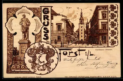 Holzbrand-Imitations-AK Forst i. L., Blick in die Cottbuser-Strasse, Wappen