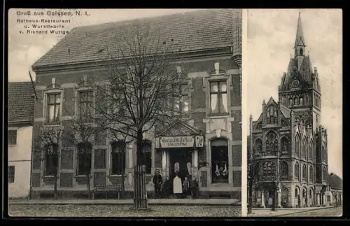 AK Golssen /N. L., Rathaus-Restaurant und Wurstfabrik v. Richard Wuttge