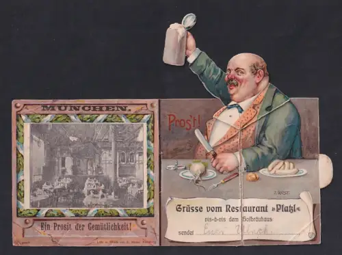 Mechanische-AK München, Restaurant Platzl beim Hofbräuhaus, Gästebereich und aufklappbarer Mann mit Deckelschoppen