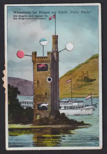 Mechanische-AK Bingen, Mäuseturm, Schiff Vater Rhein, verstellbare Signale f. das Bingerloch-Fahrwasser, 