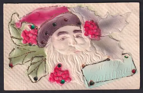 Präge-Airbrush-AK Weihnachtsmann mit Stechpalmenblättern