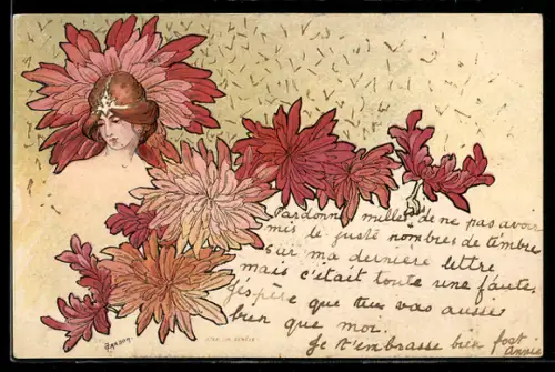 Künstler-AK sign. Carson: Junge Frau mit Kopfschmuck und Blüten, Jugendstil