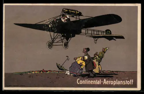 AK Flugzeug, Reklame f. Continental-Aeroplanstoff, Liebespaar küsst sich im Flugzeug