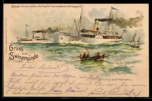 Künstler-Lithographie Willy Stoewer: Swinemünde, Dampfer Swinemünde u. Heringsdorf begegnen sich im Stettiner Haff