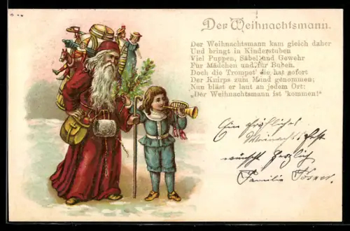 AK Weihnachtsmann mit Geschenken und Junge mit Kornett