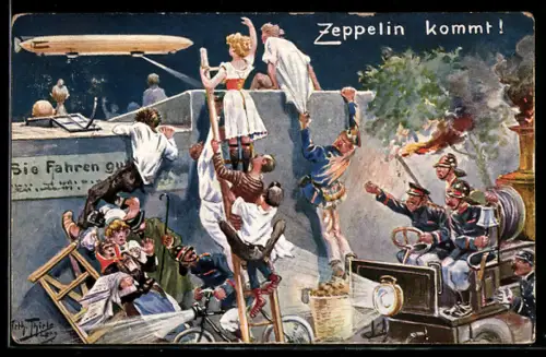 Künstler-AK A. Thiele: Zeppelin kommt, Witzkarte