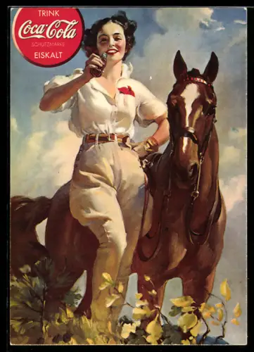AK Reklame für Coca-Cola, Dame im Hemd mit Colaflasche und Pferd, Art Deco