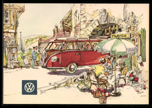 AK Bus von VW durchquert ein Tor in einem Ort