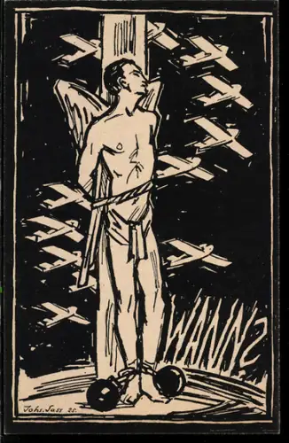 Künstler-AK Engel an einen Pfahl gefesselt, Flugzeuge im Hintergrund, Deutscher Luftfahrt-Verband, Ganzsache