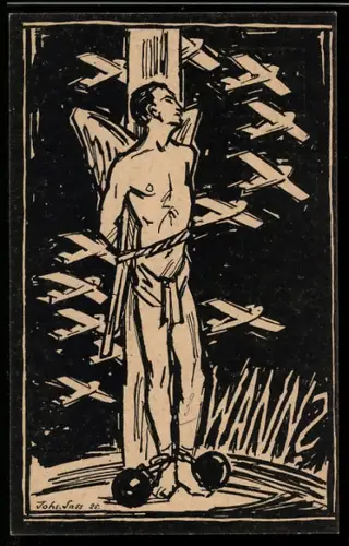 Künstler-AK Berlin, Deutscher Luftfahrtverband, Engel in Ketten an einen Pfahl gebunden, Flugzeuge