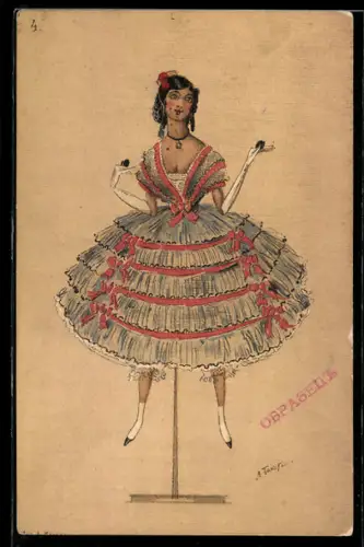 Künstler-AK sign. Bakst: Flamenco-Puppe mit Kastagnetten im gerüschten Reifrock mit Schleifen, Rotes Kreuz Russland