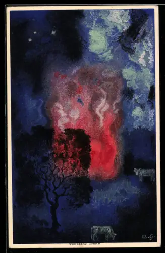 Künstler-AK sign. A. Giacometti: Grasende Kühe und nächtliches Feuer Schweiz