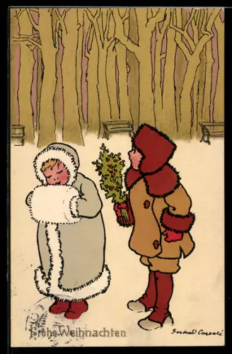 Künstler-AK Gertrud Caspari: Frohe Weihnachten, junges Paar im Schnee, Lorbeerstrauss