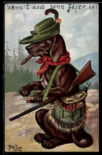 Künstler-AK A. Thiele: Dackel als Jäger mit Gewehr & Zigarre