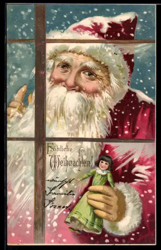 AK Weihnachtsmann mit Puppe schaut zum Fenster herein