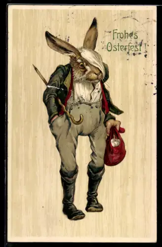 AK Älterer verletzter Osterhase mit Wanderstock