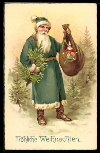 AK Weihnachtsmann mit einem Sack voller Geschenke im Wald