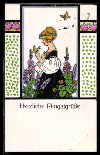 Künstler-AK Maid im Blumengarten, Schmetterlinge