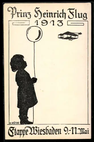 Künstler-AK Wiesbaden, Prinz Heinrich Flug 1913, Etappe 9.-11. Mai, Kind mit Ballon blickt Flugzeug hinterher