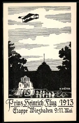 Künstler-AK Wiesbaden, Prinz Heinrich-Flug 1913, Flugzeug