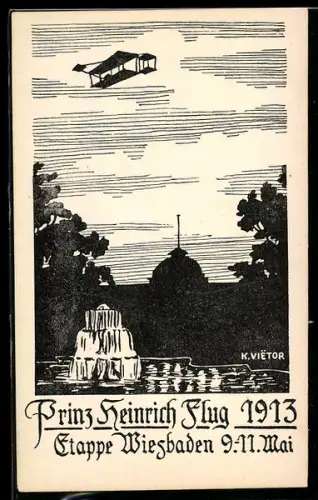 Künstler-AK Wiesbaden, Prinz Heinrich-Flug 1913, Flugzeug