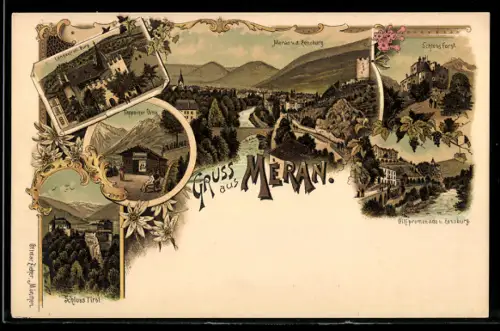 Lithographie Meran, Gilfpromenade und Zenoburg, Tappeiner Weg, Schloss Forst